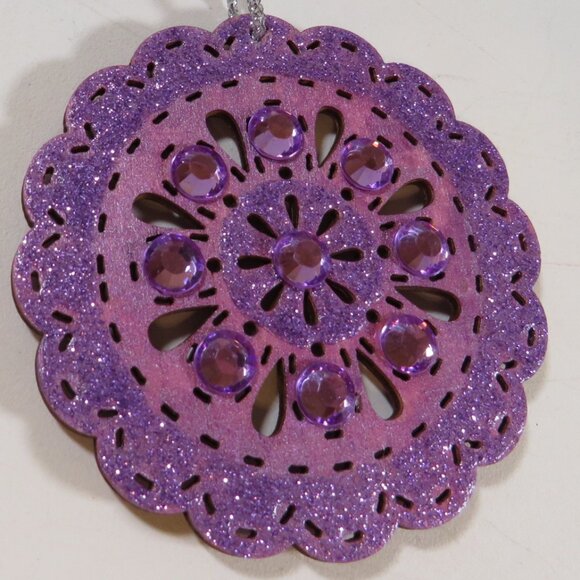 Lavender Circle Medallion Laser Cut Wooden Ornament with Rhinestones Hangs #2 - Picture 2 of 7